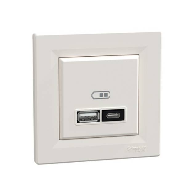 ASFORA Dupla USB töltő, A+C, 21W, kerettel, bézs 