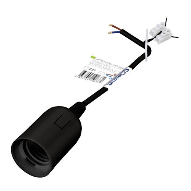 Commel E27 foglalat, ideiglenes kábellel, sorkapoccsal, fekete 