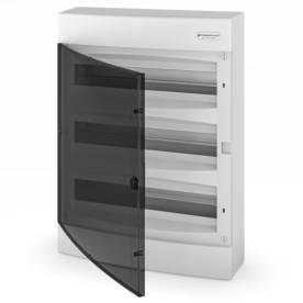 Kiselosztó falon kívüli átlátszó füst ajtós PE/N sínnel IP40 3 soros 54M