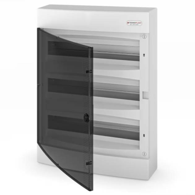 Kiselosztó falon kívüli átlátszó füst ajtós PE/N sínnel IP40 3 soros 54M