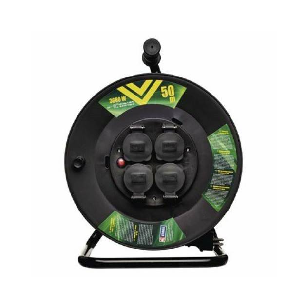 Kültéri kábeldob 50 m / 4 aljzat / fekete / gumi / 230 V / 1,5 mm2 