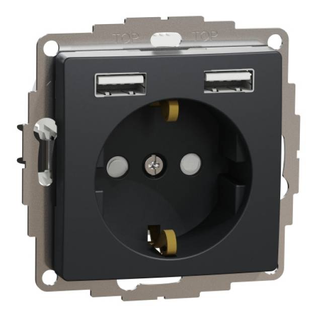 ÚJ SEDNA 2P+F csatlakozóaljzat, BZS, kettős USB töltővel, rugós, 16A/2.4A, antra 